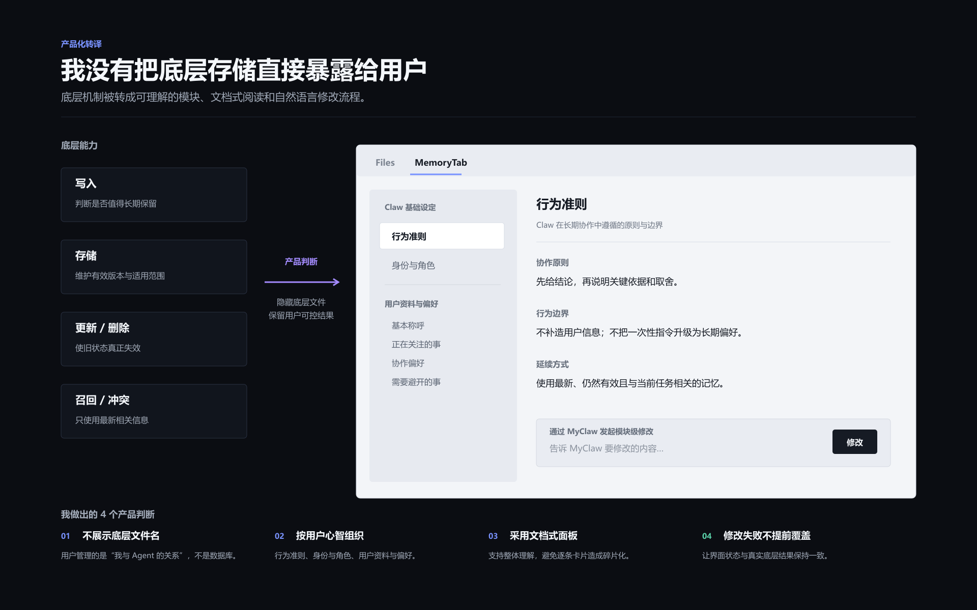 MemoryTab 产品结构：底层写入、存储、更新删除和召回冲突机制，被转化为按用户心智组织的文档式内容面板